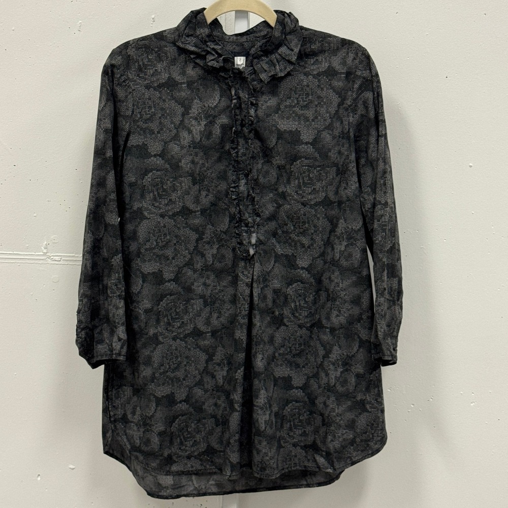 Dosa Artsy Floral Rose Print Cotton Ruffle Collar Tunic Blouse Top Size 2 Medium